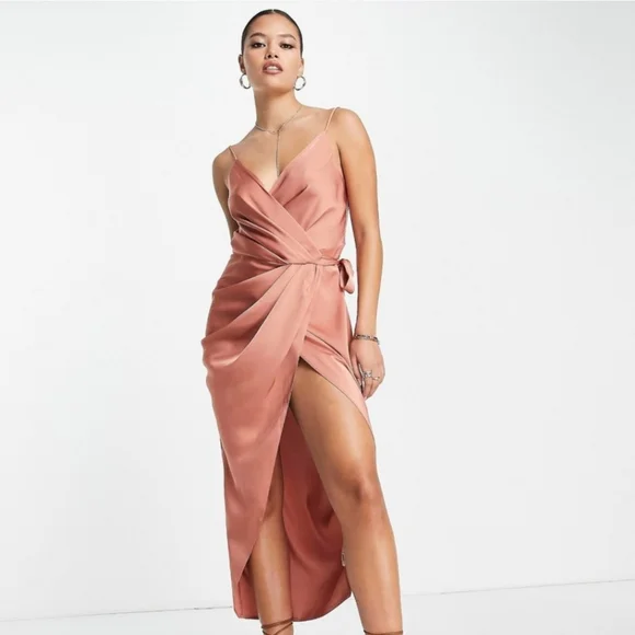 ASOS Design midi wrap satin dress with drape detail in terracotta-Red